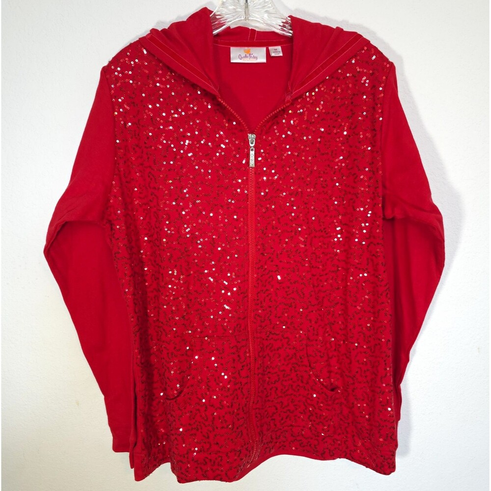 Quacker Factory Red Sequin Full Zip Hoodie Jacket Womens M Pockets A203829 New